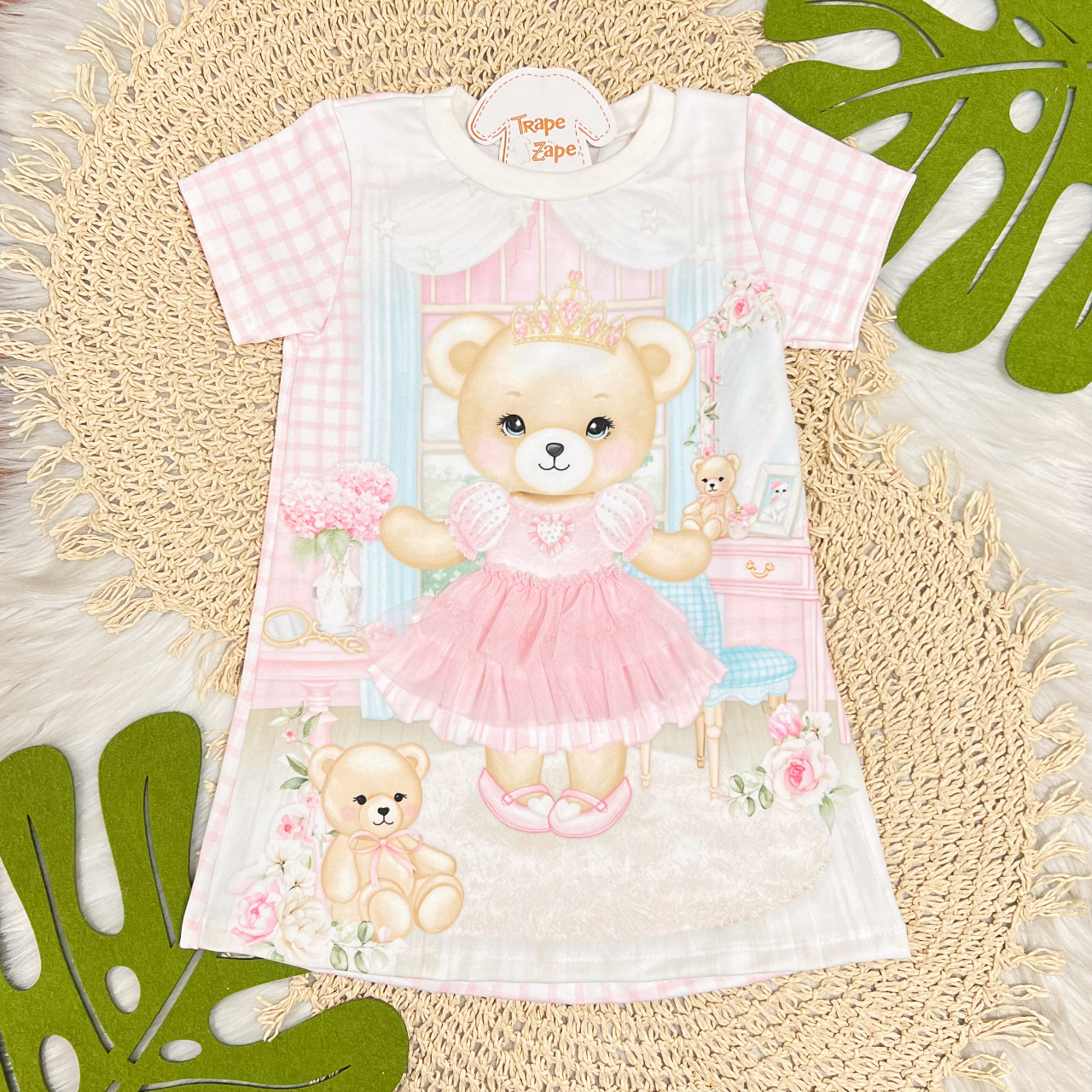 Vestido Manga Curta Ursinha com Vestido em Tule - Off White